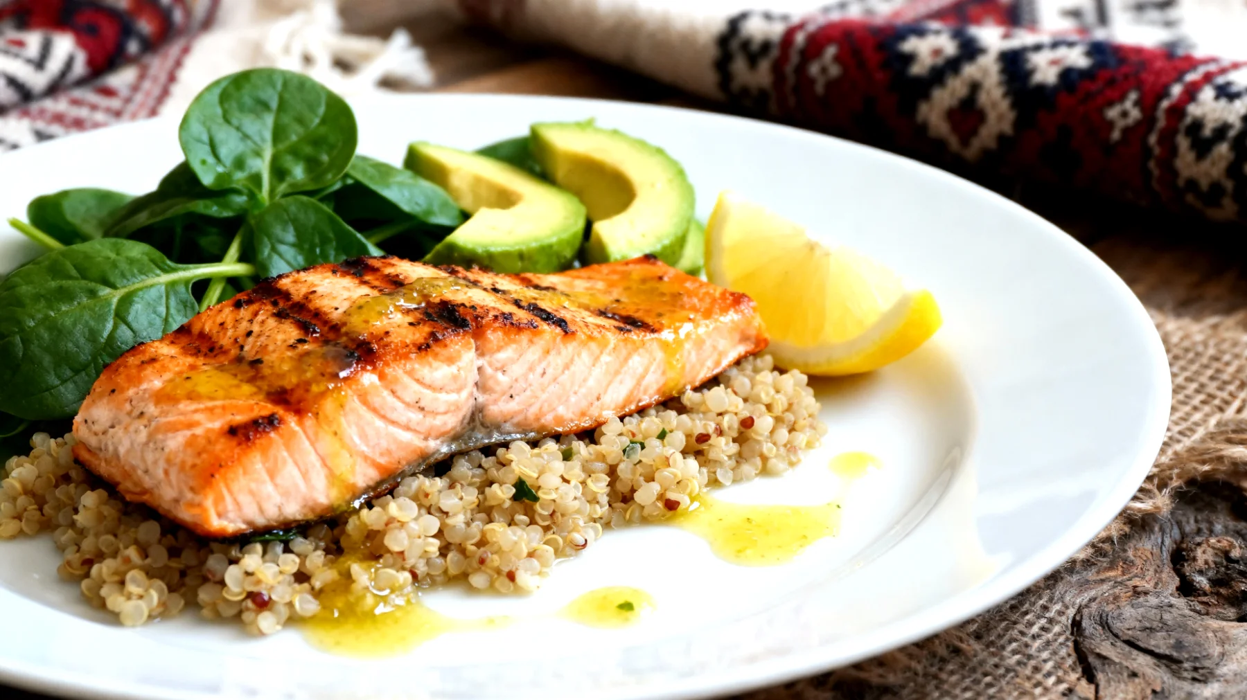 Somon balığı ile kinoa salatası (avokado, ıspanak ve limon sosu ile)"