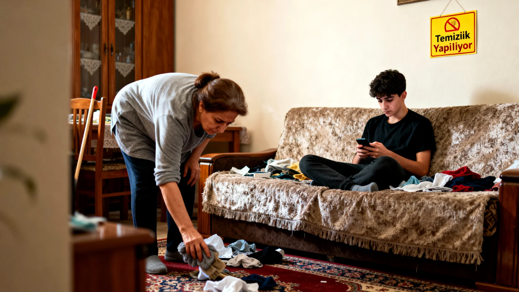 Genç yetişkin, ev işlerinde sorumluluk almıyor ve günlük aktivitelerde anneye yardımcı olmuyor. Anne, çocuğunun yaşına rağmen temizlik, yemek ve düzen konularında hiç katkı sağlamamasından yorgun düşüyor."