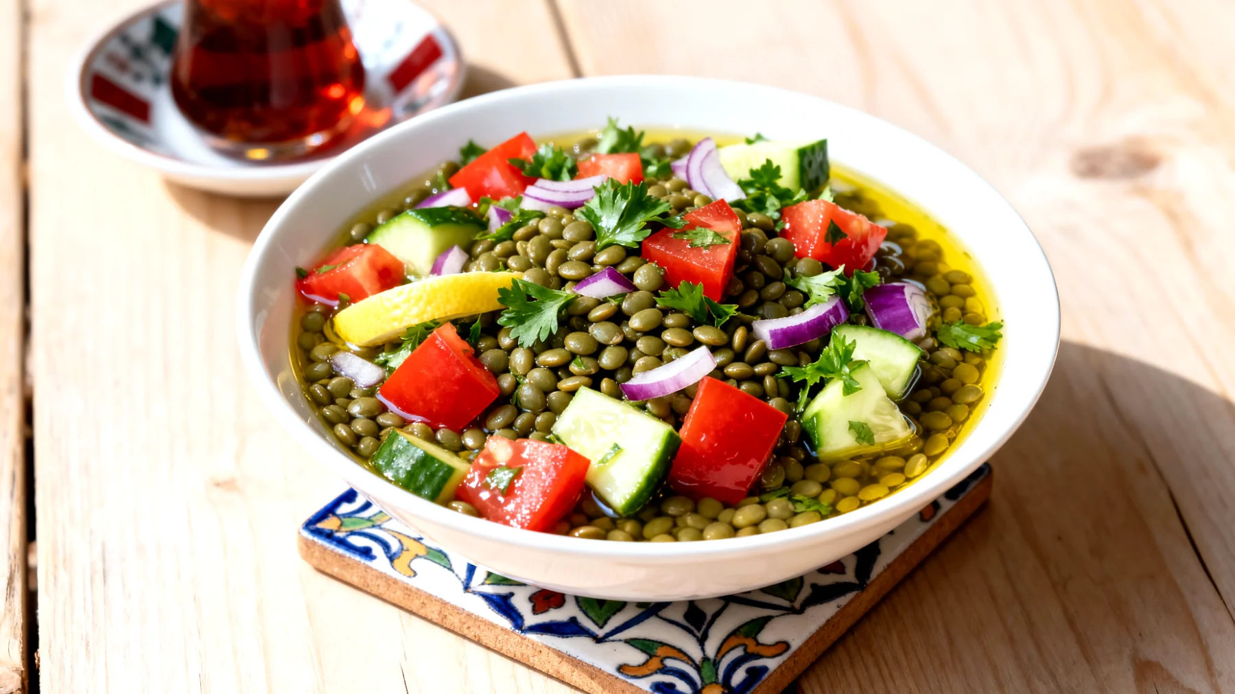 Mercimek Salatası (yeşil mercimek bazlı, çiğ sebzeler, zeytinyağı ve limon ile)"