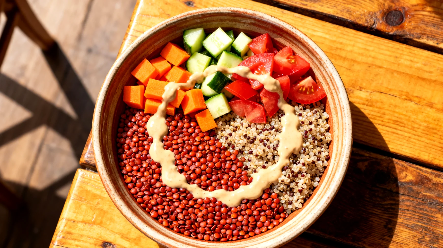 Mercimek ve Tahıllı Buddha Bowl (Kırmızı mercimek, kinoa, taze sebzeler, tahin sosu)"
