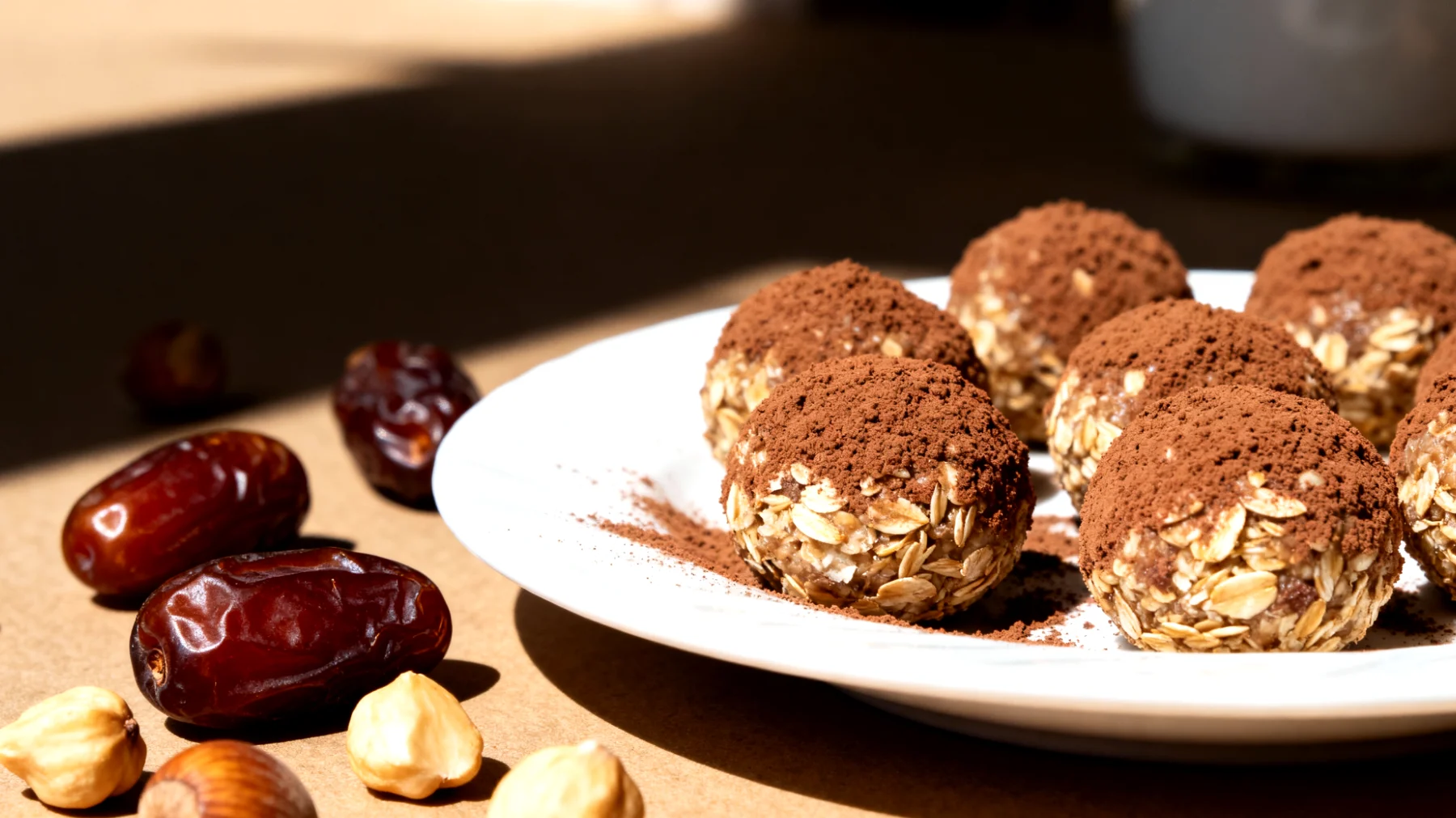 Yulaf kepeği topları (hurma, fındık ezmesi ve kakao ile)"